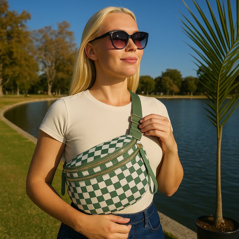 Woman wearing a checkered crossbody bag